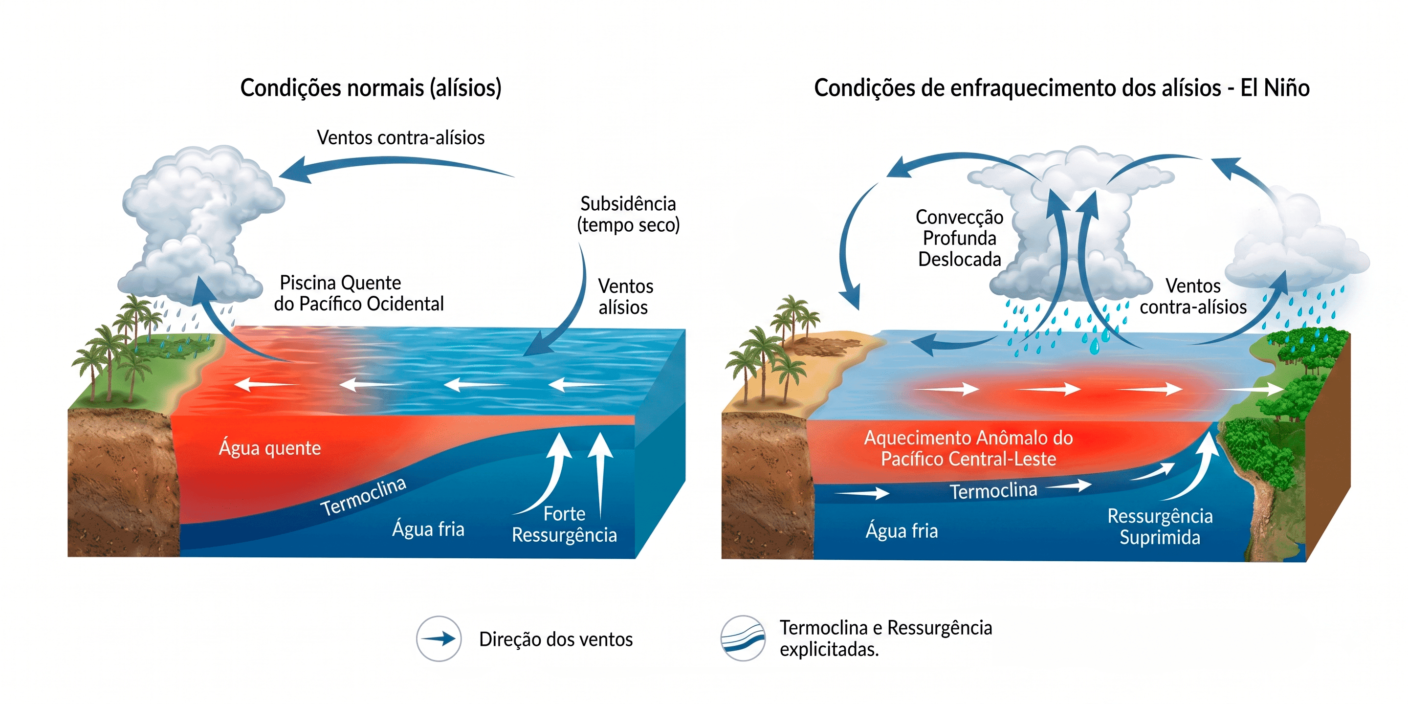 Infográfico comparando o Oceano Pacífico em condições normais e durante o fenômeno El Niño, destacando a direção dos ventos alísios, a termoclina e o aquecimento da água.